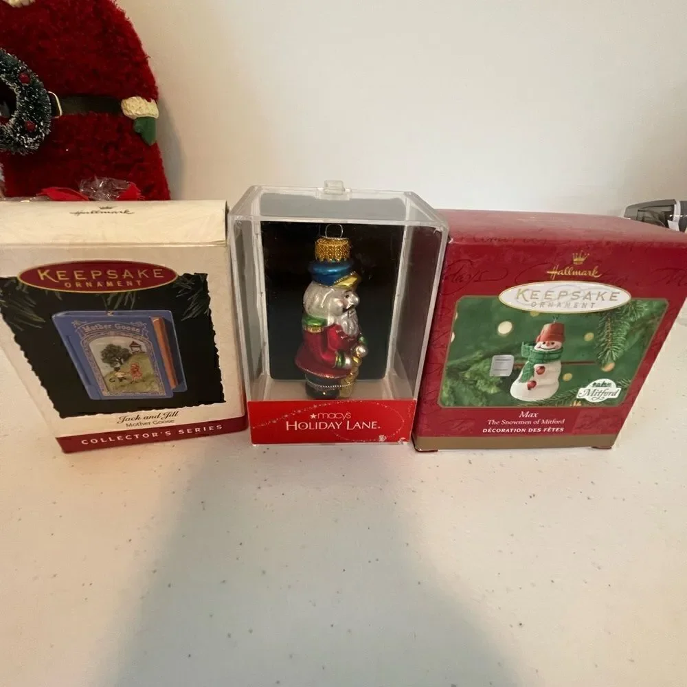 Lot of 2 Hallmark Keepsake Ornaments and a macys holiday lane ornament